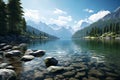 Landscape of a mountain lake. Stones in the water. Coniferous forest. AI Generated