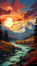 Image of mountain landscape with river running through it. Generative AI Royalty Free Stock Photo