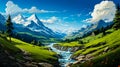 Image of mountain landscape with stream running through it. Generative AI Royalty Free Stock Photo