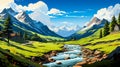 Image of mountain valley with river running through it. Generative AI Royalty Free Stock Photo