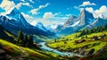 Image of mountain valley with river running through it. Generative AI Royalty Free Stock Photo