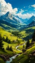 Image of mountain valley with stream running through it. Generative AI Royalty Free Stock Photo
