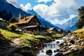 Image of mountain village with stream running through it. Generative AI Royalty Free Stock Photo