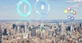 Image of moving clock, scope scanning and social media icons over cityscape Royalty Free Stock Photo