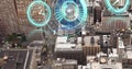 Image of moving clocks and scope scanning over cityscape