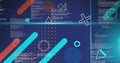 Image of moving shapes and blue scanner beams over data processing on blue background
