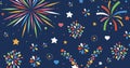 Image of multi coloured fireworks exploding with hearts and stars on black background Royalty Free Stock Photo