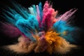 An image of a multicolor powder explosion on a black background, with a realistic photo of a seamless texture. Generative AI