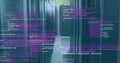 Image of multicolored computer language over data server racks in server room