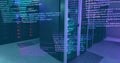 Image of multicolored computer language over data server systems in server room
