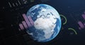 Image of multicolored infographic interface over rotating globe against space