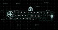 Image of multiple digital icons and data processing over grid network against black background Royalty Free Stock Photo