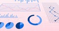 Image of multiple graphs, changing numbers and loading circles over pink background