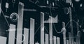 Image of multiple graphs with changing numbers over loading circles against black background Royalty Free Stock Photo