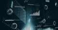 Image of multiple graphs, computer language, loading circles and bars over black background Royalty Free Stock Photo
