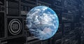 Image of multiple graphs, loading circles and bars with changing numbers over rotating globe Royalty Free Stock Photo