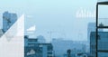 Image of multiple graphs, map and loading bar over modern buildings against sky Royalty Free Stock Photo