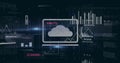 Image of multiple icons over texts, graphs and computer language against black background Royalty Free Stock Photo