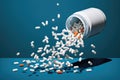 Image of multiple pills scattered on a surface as they spill out of a white pill bottle, Prescription opioids, with bottle of many