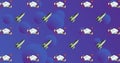 Rows of retro cartoon speech bubbles and space rockets over moving blue balls