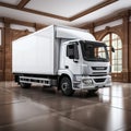 Image On a muted floor, a white delivery truck delivers efficiently