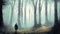 Mysterious dark forest with a man in a long cloak. Royalty Free Stock Photo