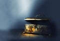 Image of mysterious magical treasure chest with light over wooden old table and dark background