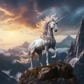 image of a mystical unicorn standing on a mountaintop, its mane flowing in the wind by AI generated