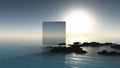 Image of myth and creation. Cube and sunrise, which are symbols of intelligence.