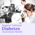 Image of national diabetes awareness month over caucaisan female lab worker with microscope