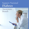 Image of national diabetes awareness month over thoughtful caucaisan female doctor