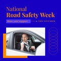 Image of national road safety week over caucasian businessman fastening belts in car Royalty Free Stock Photo