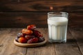 Image Neat arrangement of dates next to a glass of milk on the kitchen table