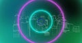 Image of neon circles over metaverse city on green background