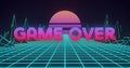 Image of neon flickering game over text over glowing pink sun and blue grid Royalty Free Stock Photo