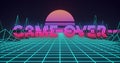 Image of neon flickering game over text over glowing pink sun and blue grid Royalty Free Stock Photo