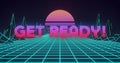 Image of neon flickering game over text over glowing pink sun and blue grid Royalty Free Stock Photo