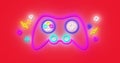 Image of neon game control pad flickering on vibrant neon striped background
