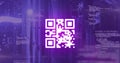 Image of neon qr code with lines over data processing and server room Royalty Free Stock Photo