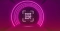 Image of neon qr code scanner and light trails against purple background Royalty Free Stock Photo