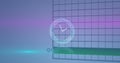 Image of neon ticking clock over statistical data processing against blue background Royalty Free Stock Photo
