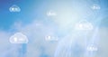 Image of network of connections with digital clouds over blue sky and clouds
