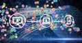 Image of network of connections with digital icons over globe with binary coding