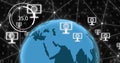 Image of network of connections and digital icons over globe on black background Royalty Free Stock Photo