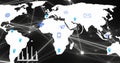 Image of network of connections and digital icons on world map over black background Royalty Free Stock Photo