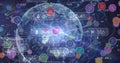 Image of network of connections with icons and data processing over world map Royalty Free Stock Photo