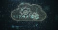 Image of network of connections, malware, scanning, cloud with cogs on black background
