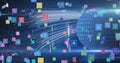 Image of network of digital icons against binary coding on globe against light trails Royalty Free Stock Photo