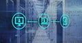 Image of network of digital icons and mathematical equations against computer server room Royalty Free Stock Photo
