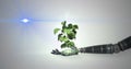Image of network of growing plant in hand of robot arm, with moving blue light on grey Royalty Free Stock Photo